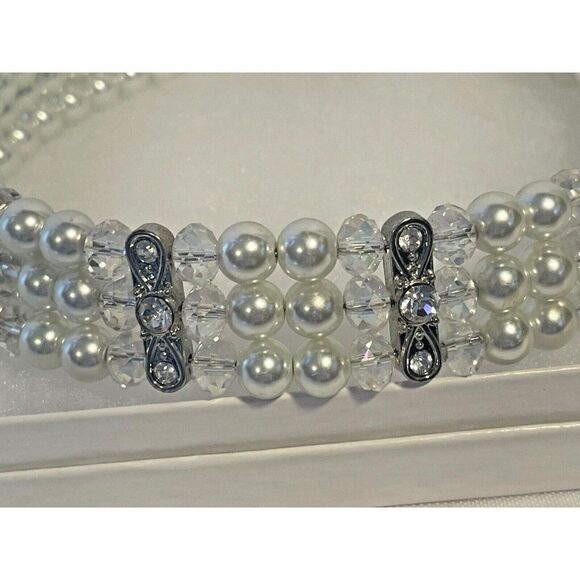 Kissaka Necklace Pearl Bead & Crystals Multi Strand Choker Necklace 13-16" - Picture 2 of 3